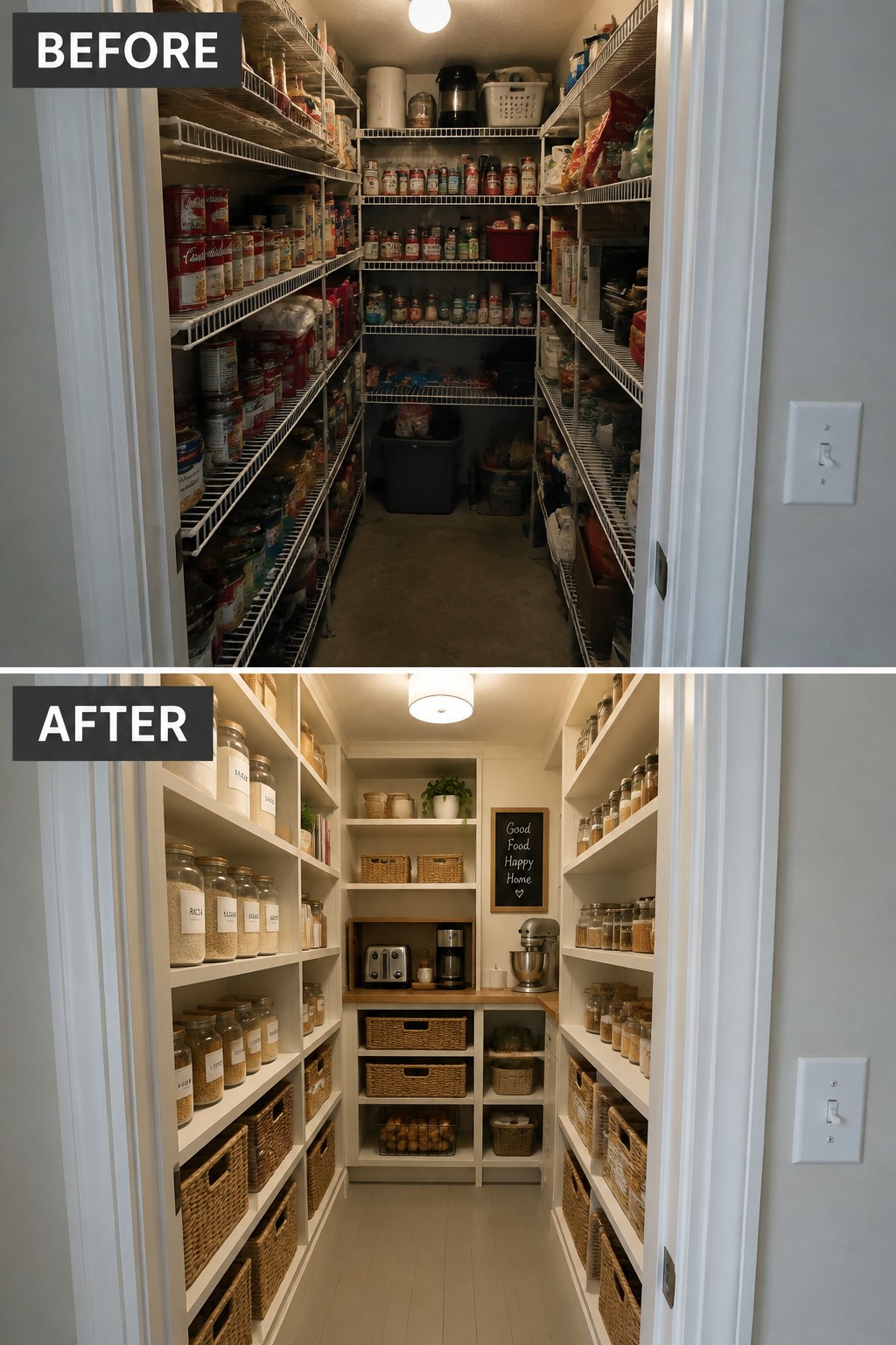 Before-and-after makeover image of a crowded pantry with wire shelves changed to built-in shelving with baskets and labeled jars.