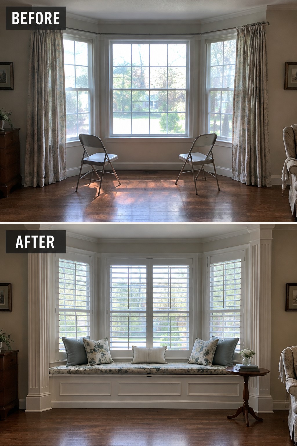 Before-and-after makeover image of a bay window with folding chairs and curtains changed into a built-in window seat with shutters and storage beneath.