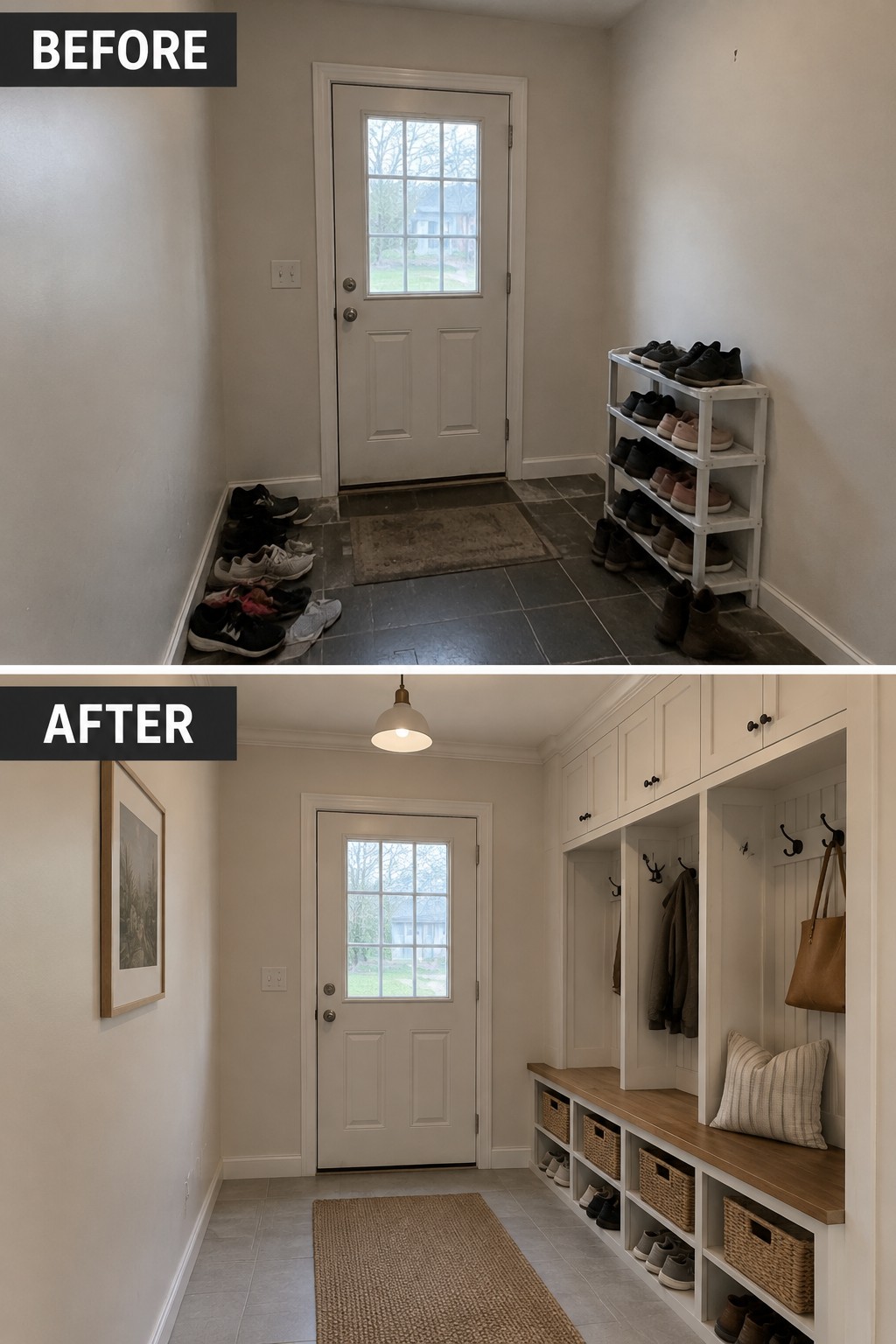 Before-and-after makeover image of an entryway with loose shoes and a shoe rack changed into built-in cubbies, a bench, and coat hooks.