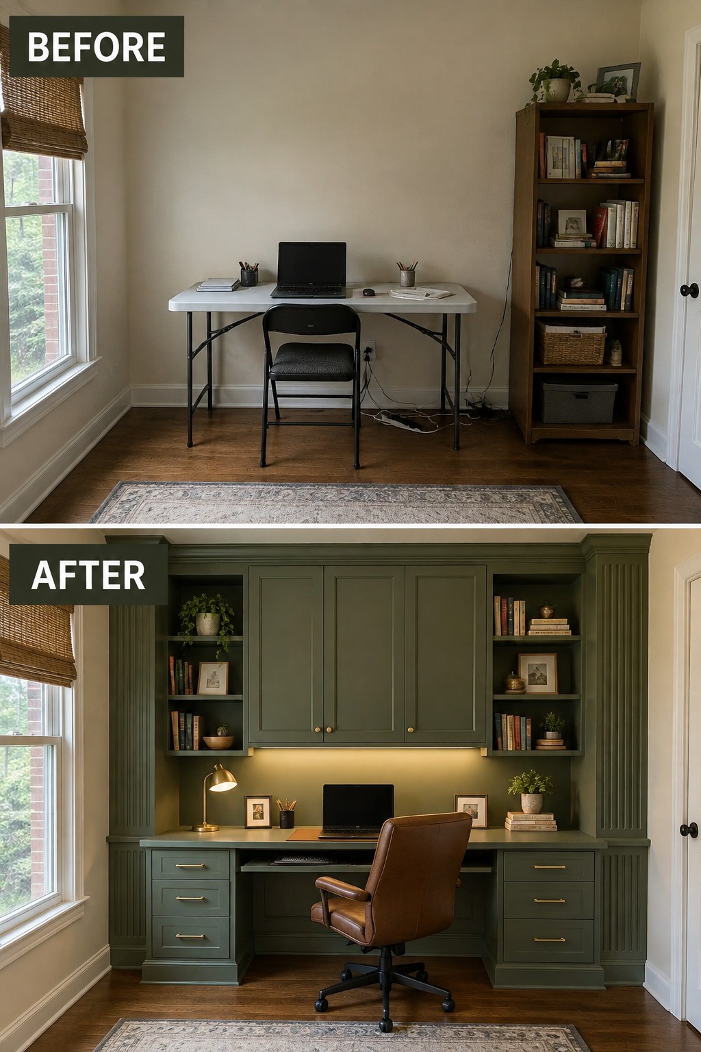 Before-and-after makeover image of a simple desk and bookcase replaced by a built-in home office with green cabinets and shelving.