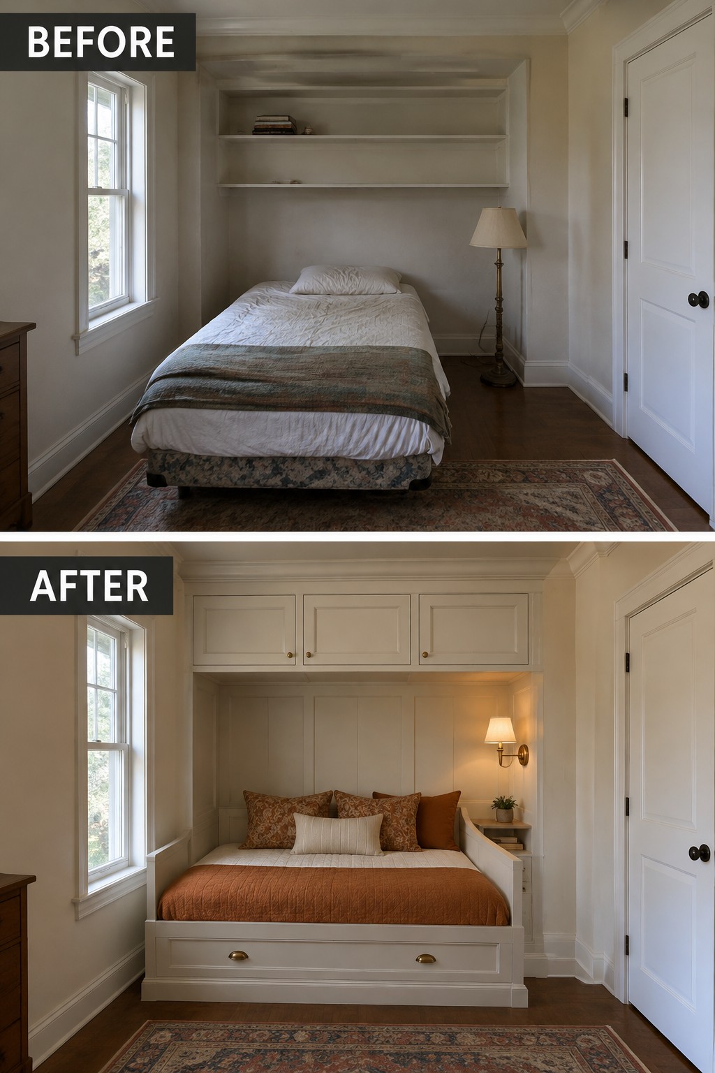 Before-and-after makeover image of a small bedroom changed from a freestanding bed beneath open shelves to a built-in bed nook with drawers and overhead cabinets.