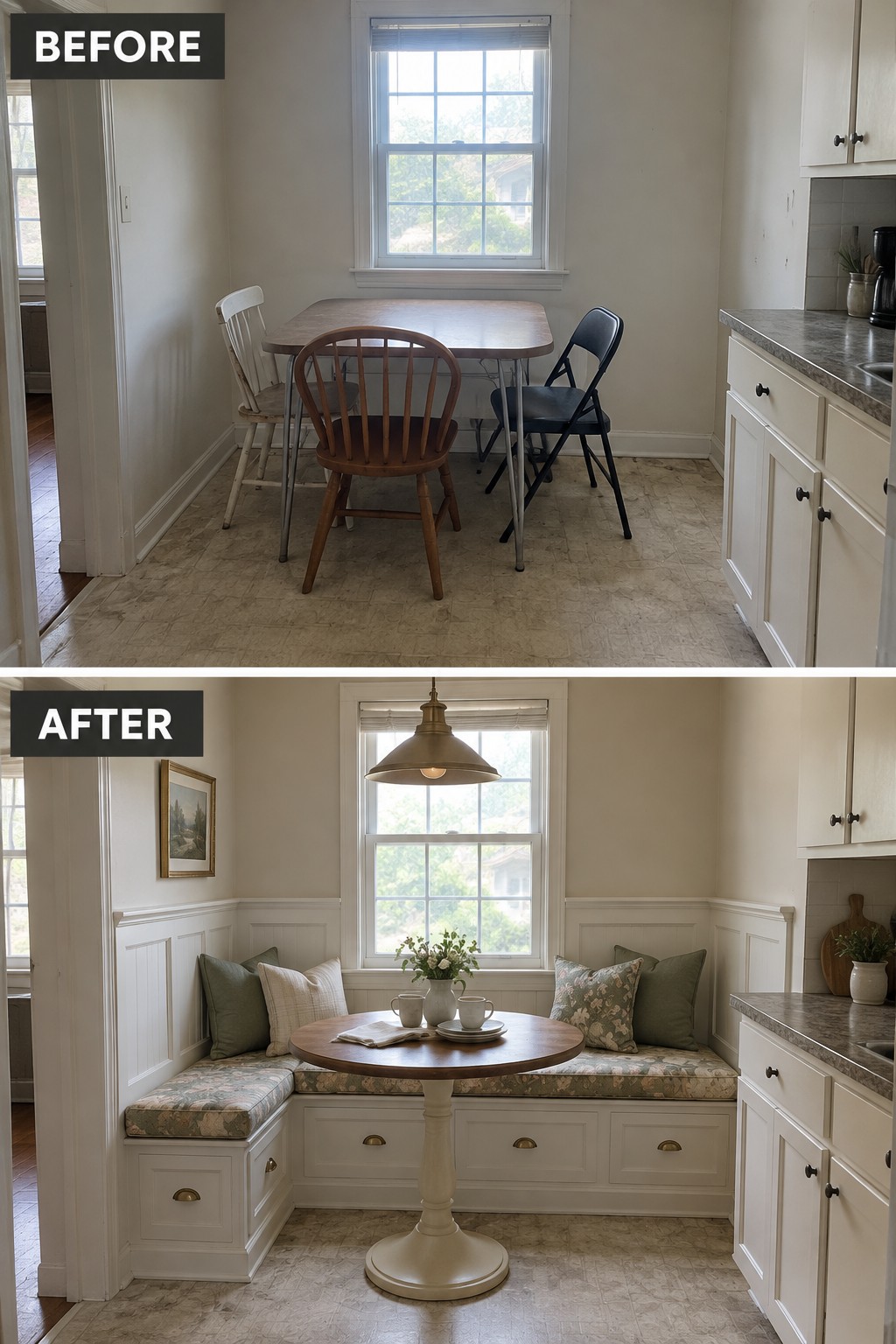 Before-and-after makeover image of a kitchen dining nook changed from a table with loose chairs to built-in bench seating with storage drawers.