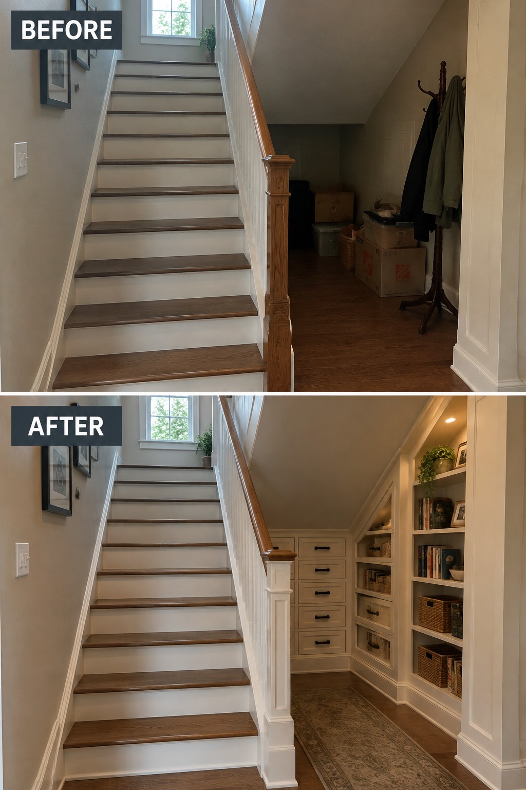 Before-and-after image of a staircase nook with boxes and coats replaced by built-in drawers and shelves.