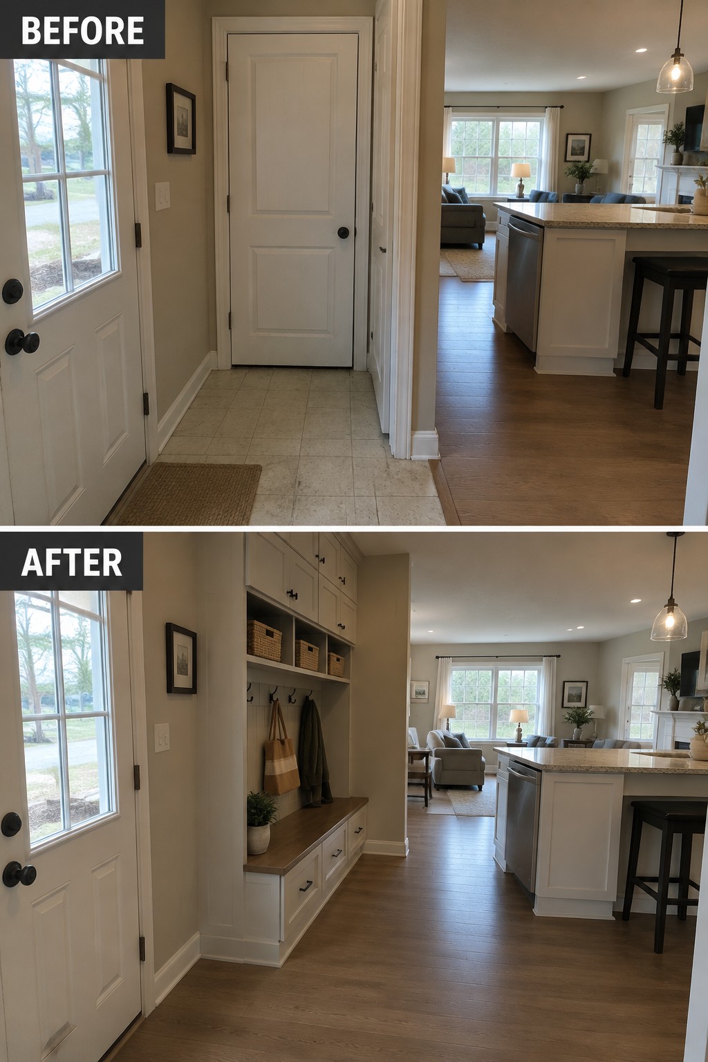 Before-and-after makeover image of a tiled entry hallway changed into an open wood-floored passage with built-in cabinets, a bench, and coat hooks.