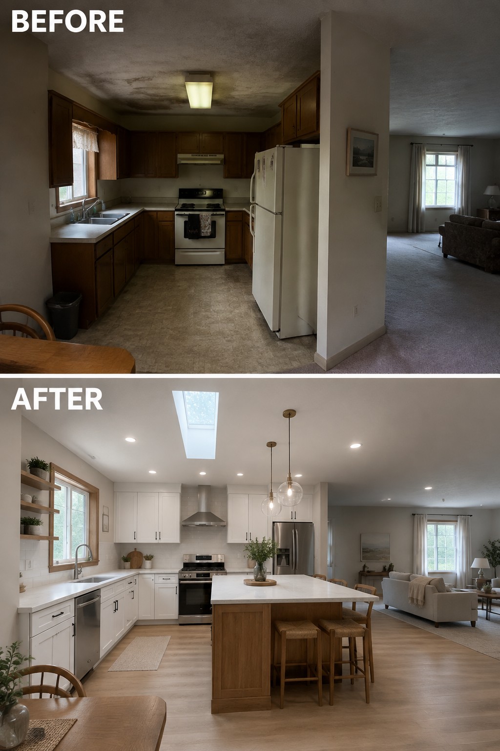 Before-and-after makeover image showing a closed, dated kitchen opened to the living area with a central island.