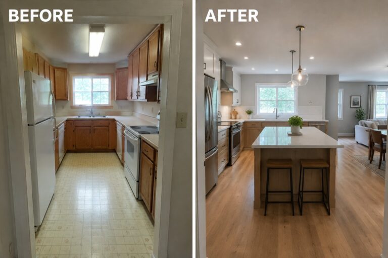 Before-and-after makeover image of a narrow, closed-off kitchen changed into an open kitchen with an island connected to the dining and living area.