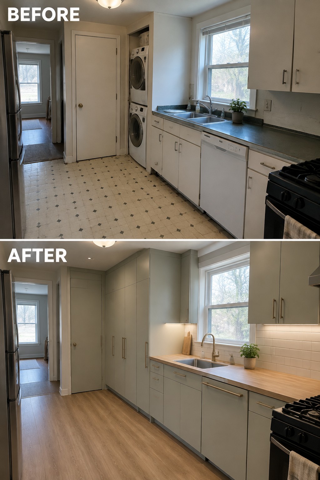 Before-and-after makeover image of a narrow kitchen with exposed stacked laundry and dated finishes updated with concealed laundry storage, new cabinets, countertops, and wood-look flooring.