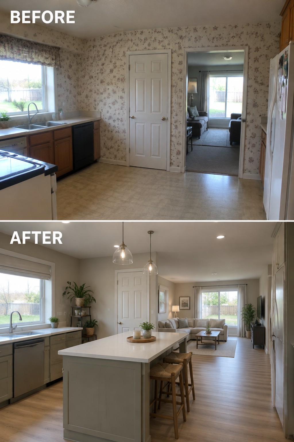 Before-and-after makeover image of a closed kitchen changed into an open kitchen and living area with a central island.