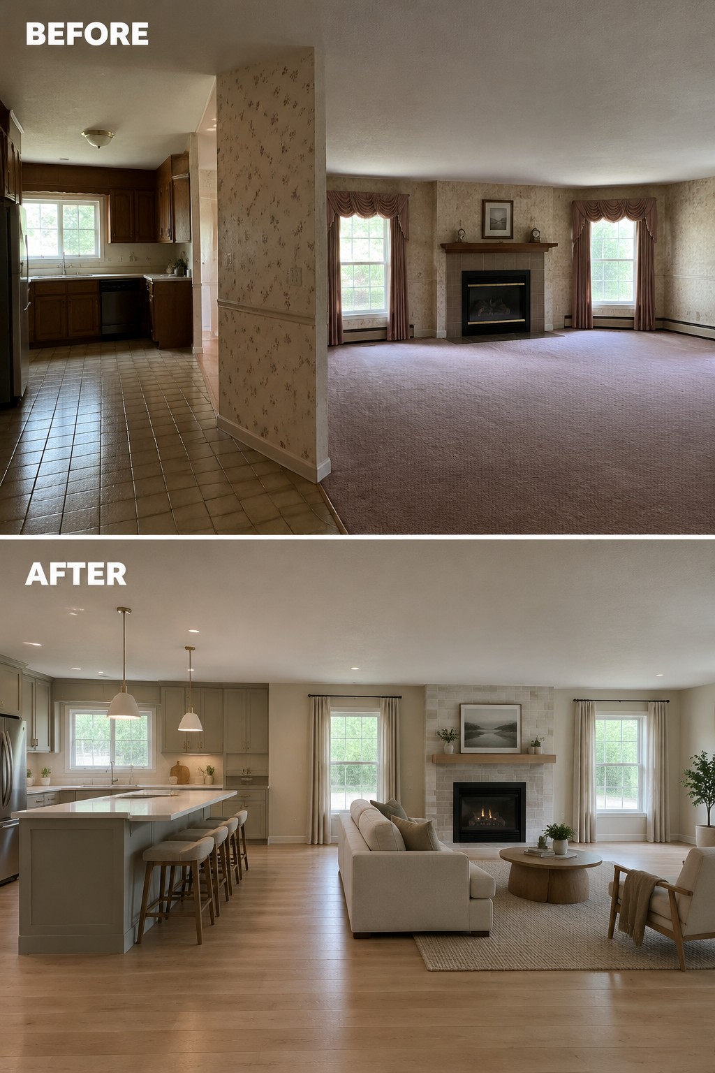 Before-and-after makeover image of a closed kitchen and separate living room changed into an open kitchen and living area with an island.