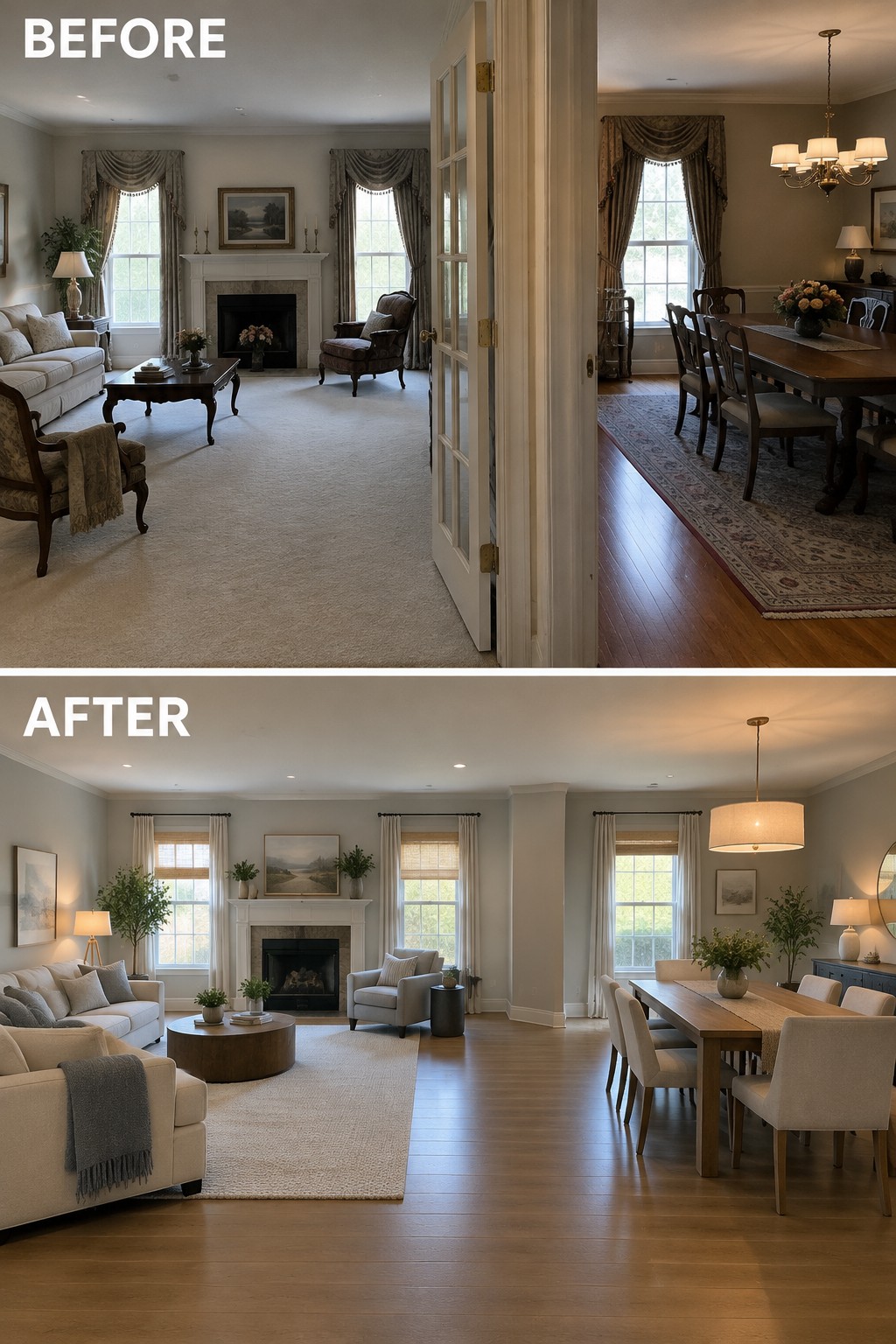 Before-and-after image of a closed living room and dining room changed into one connected open-concept space with continuous wood flooring.