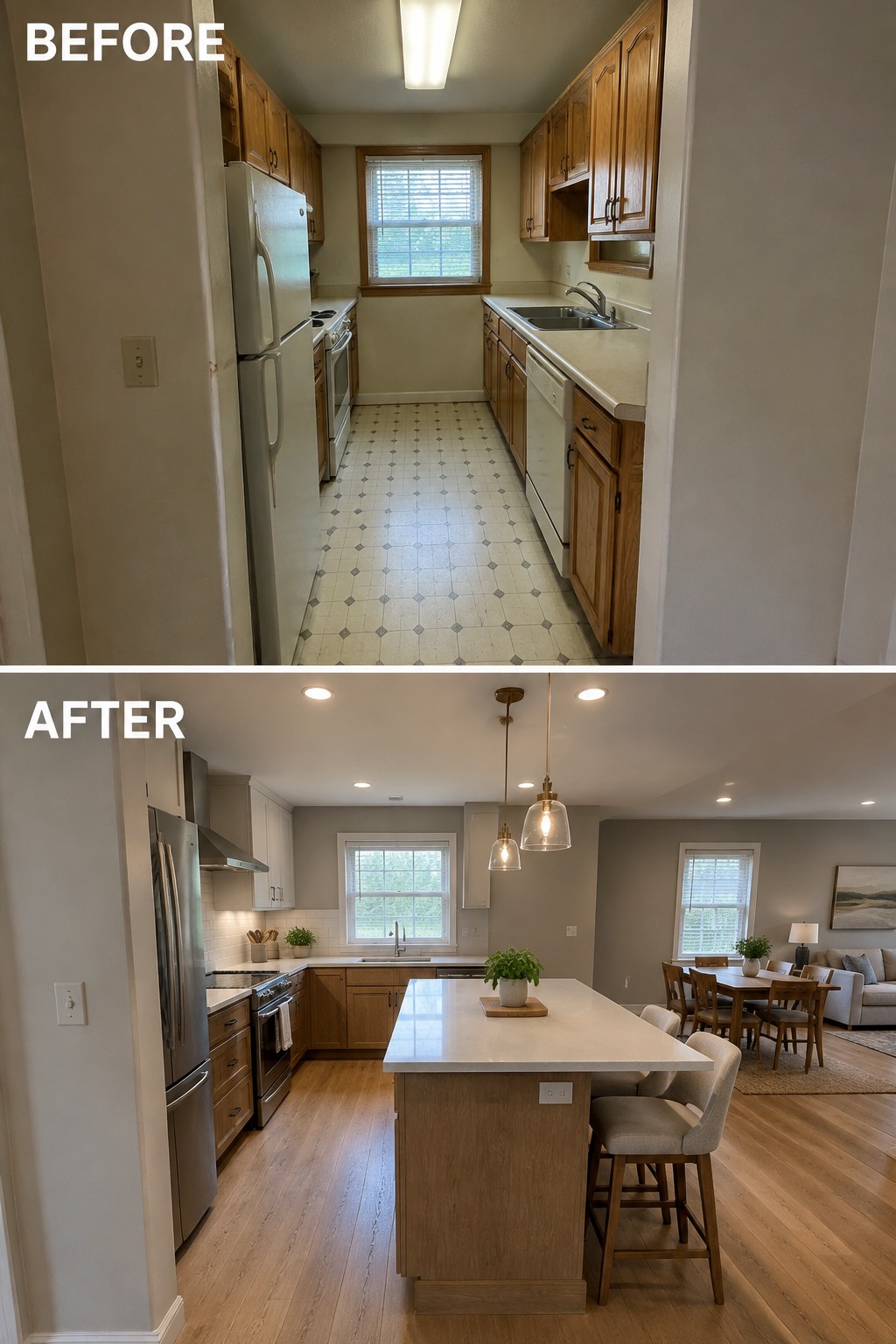 Before-and-after makeover image of a narrow, closed-off kitchen changed into an open kitchen with an island connected to the dining and living area.