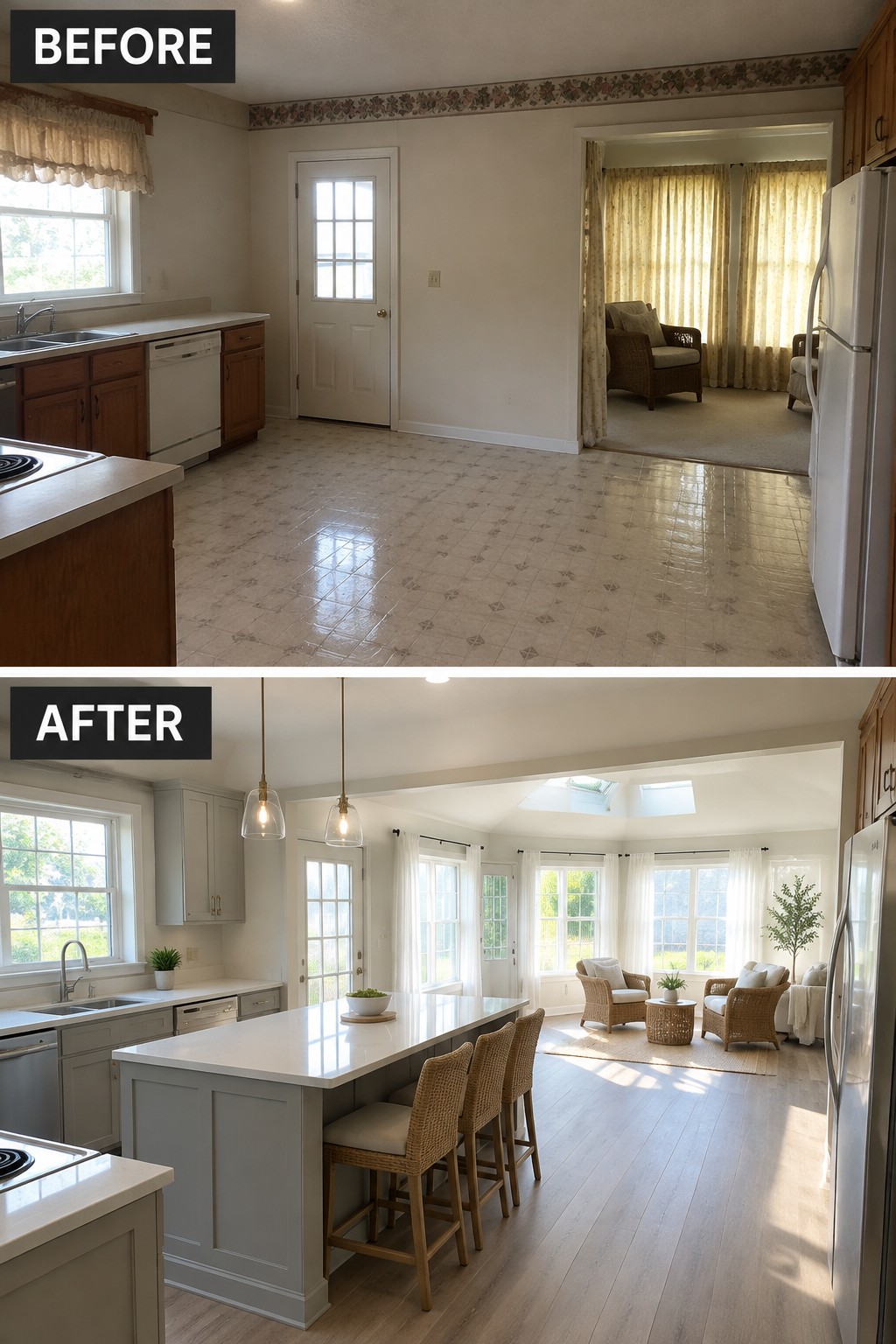 Before-and-after image of a closed-off kitchen and adjoining sitting room changed into an open kitchen and living area with an island.