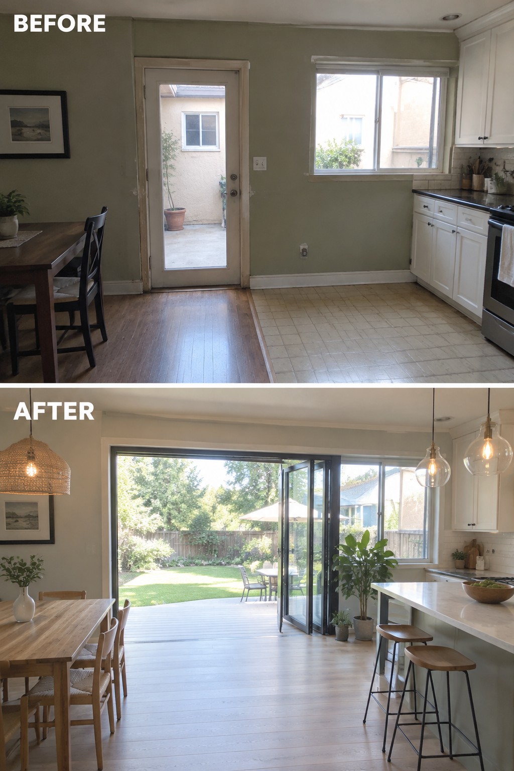 Before-and-after makeover image of a kitchen changed from a narrow glazed back door to a wide folding glass door opening onto the backyard.