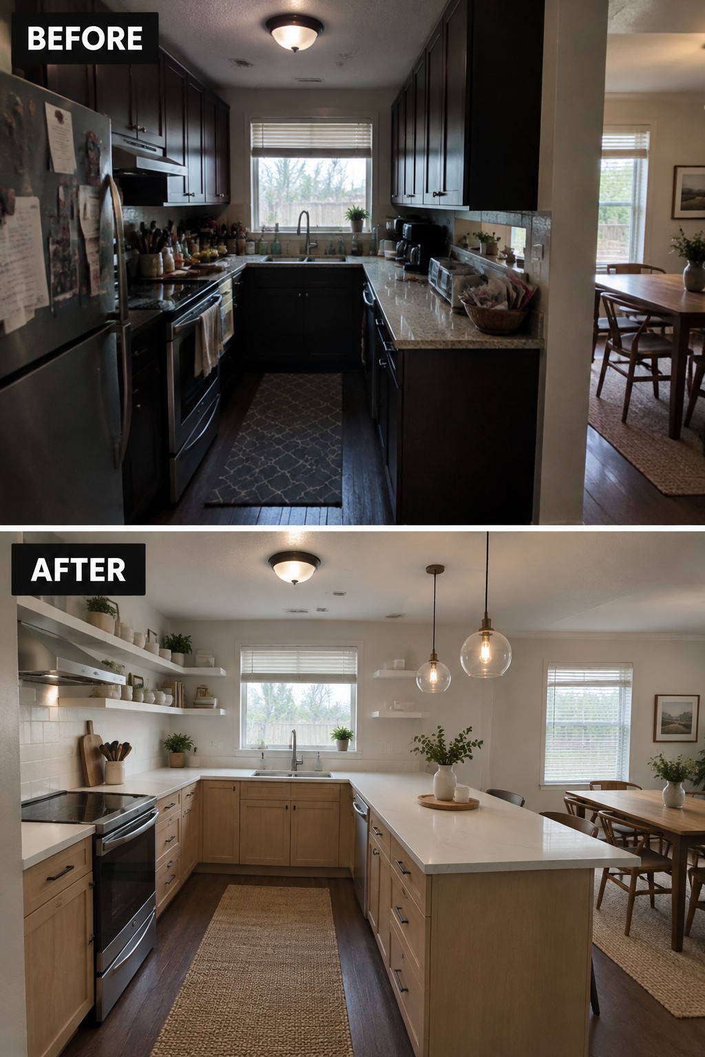 Before-and-after image of a dark, narrow kitchen updated with light wood cabinets, open shelves, and a long island.