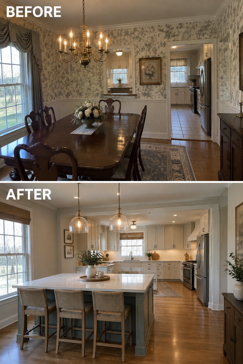 Before-and-after makeover image showing a formal dining room opened into a kitchen with a large island and seating.