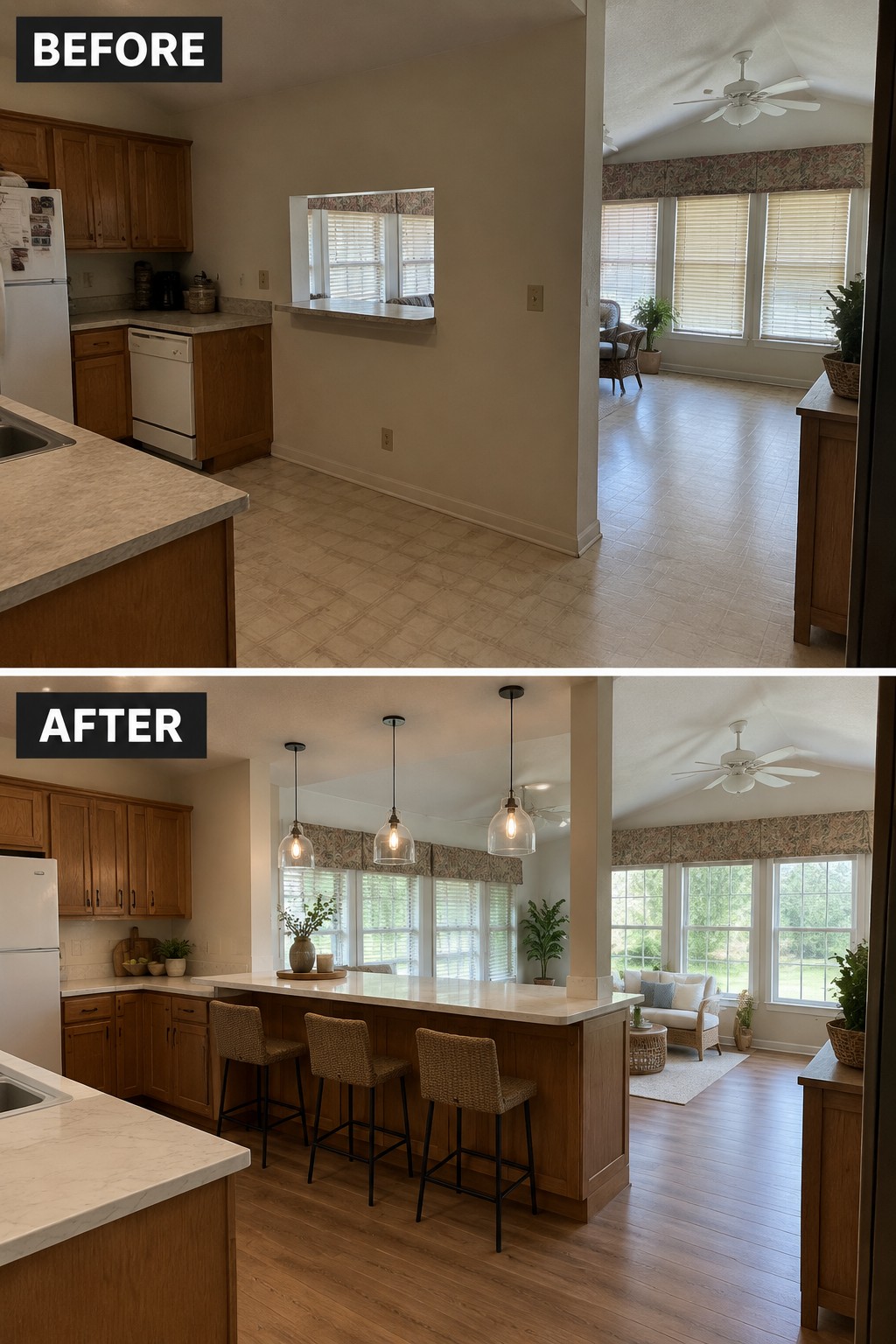 Before-and-after makeover image showing a closed kitchen with a small pass-through changed to an open kitchen with a large island and seating.