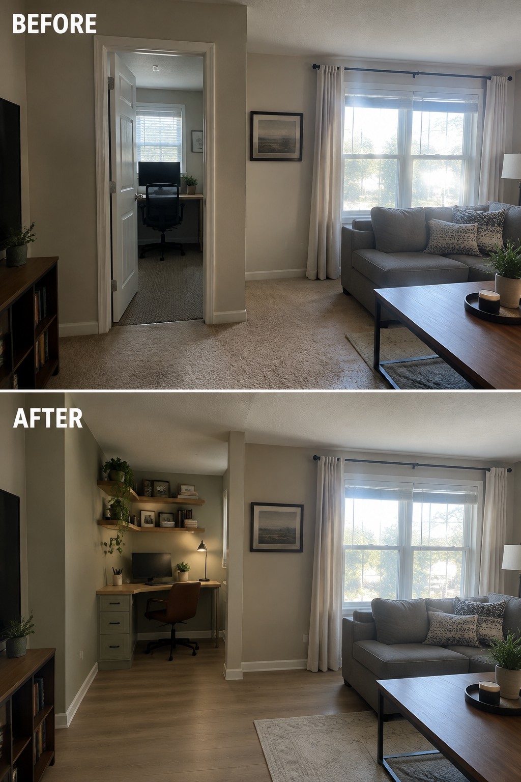 Before-and-after makeover image of a living room with a closed office doorway changed to an open desk nook with wood flooring.