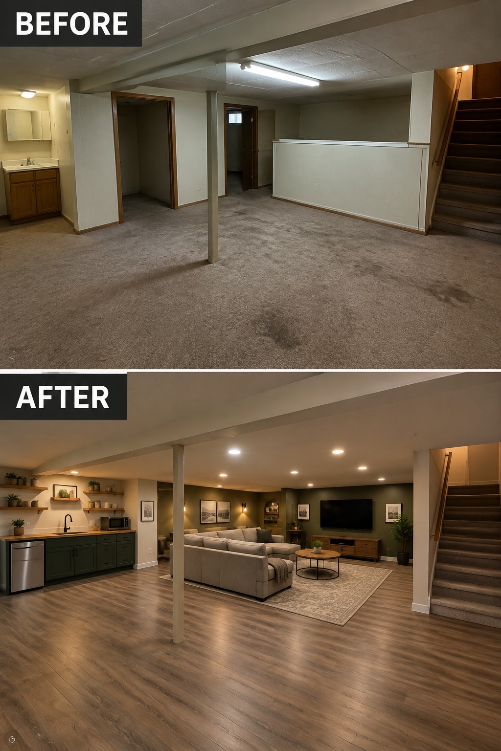 Before-and-after makeover image of an unfinished basement changed into an open living area with wood-look flooring, a kitchenette, and a furnished lounge.