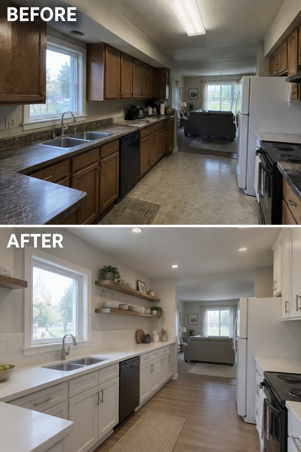 Before-and-after kitchen makeover image showing dark wood cabinets and counters changed to white cabinetry, open wood shelves, and light countertops.