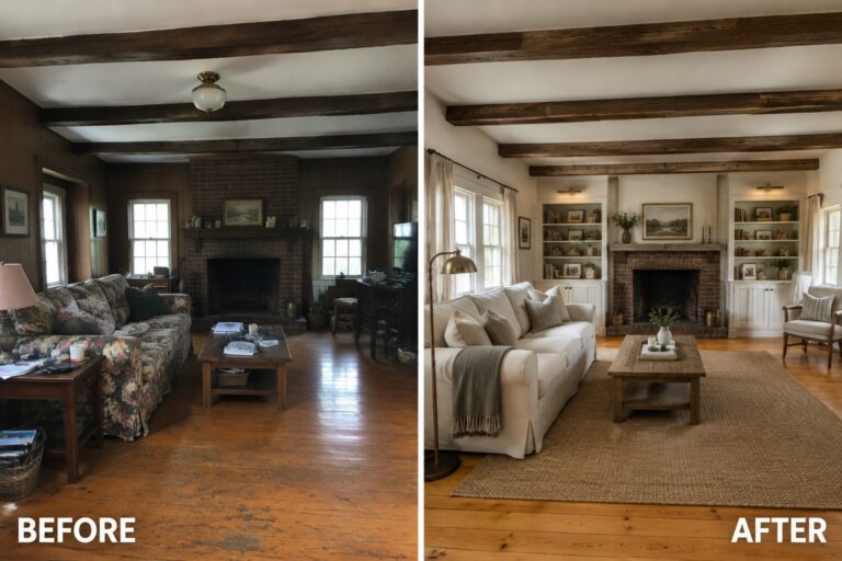 24 Beautiful Farmhouse Remodel Before and After Ideas Featuring Original Architectural Details Before-and-after makeover image of a living room with a brick fireplace, updated with built-in shelves, light furnishings, and a rug.