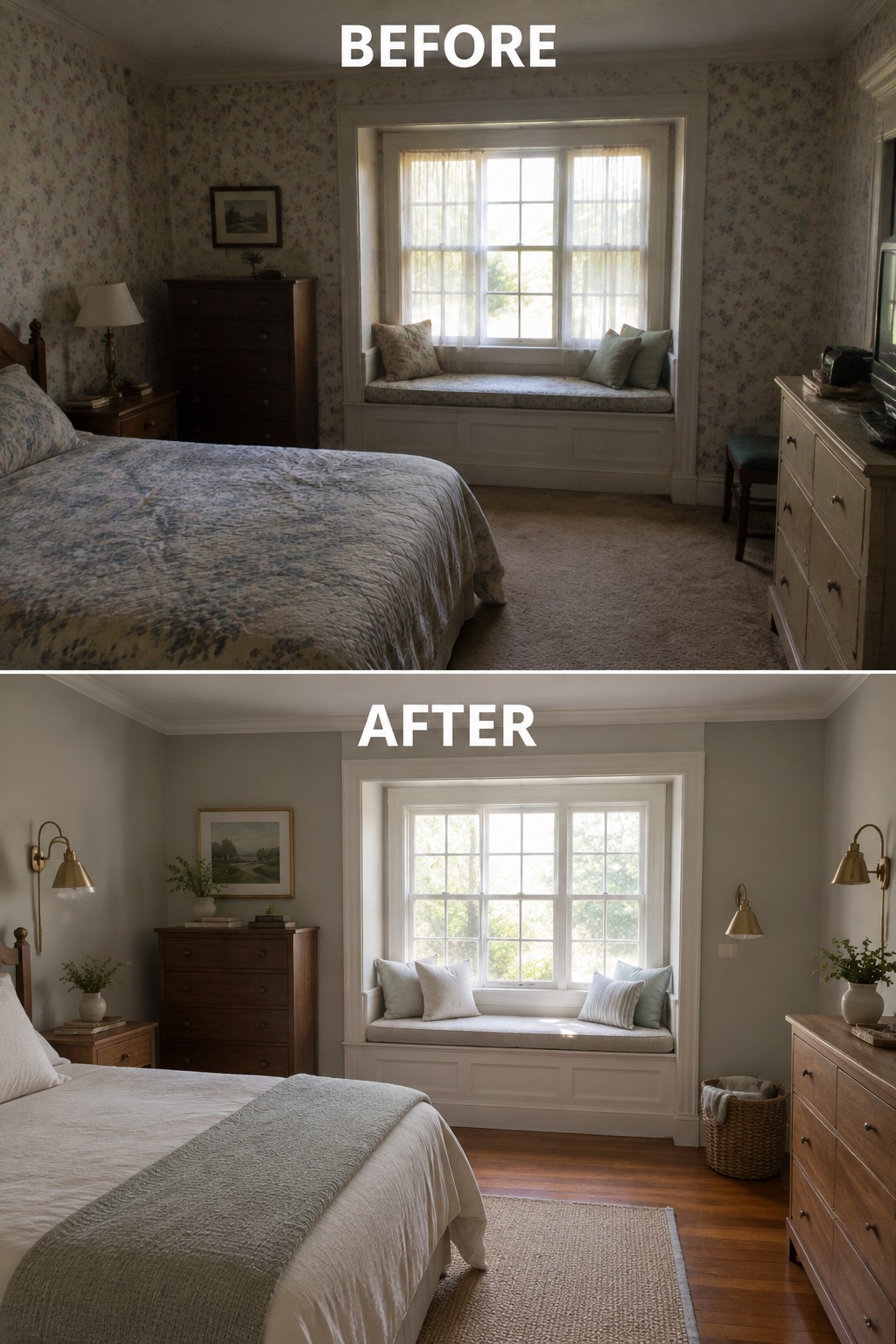 Before-and-after bedroom makeover image showing floral wallpaper and patterned bedding replaced with neutral walls and linens, while the window seat remains.
