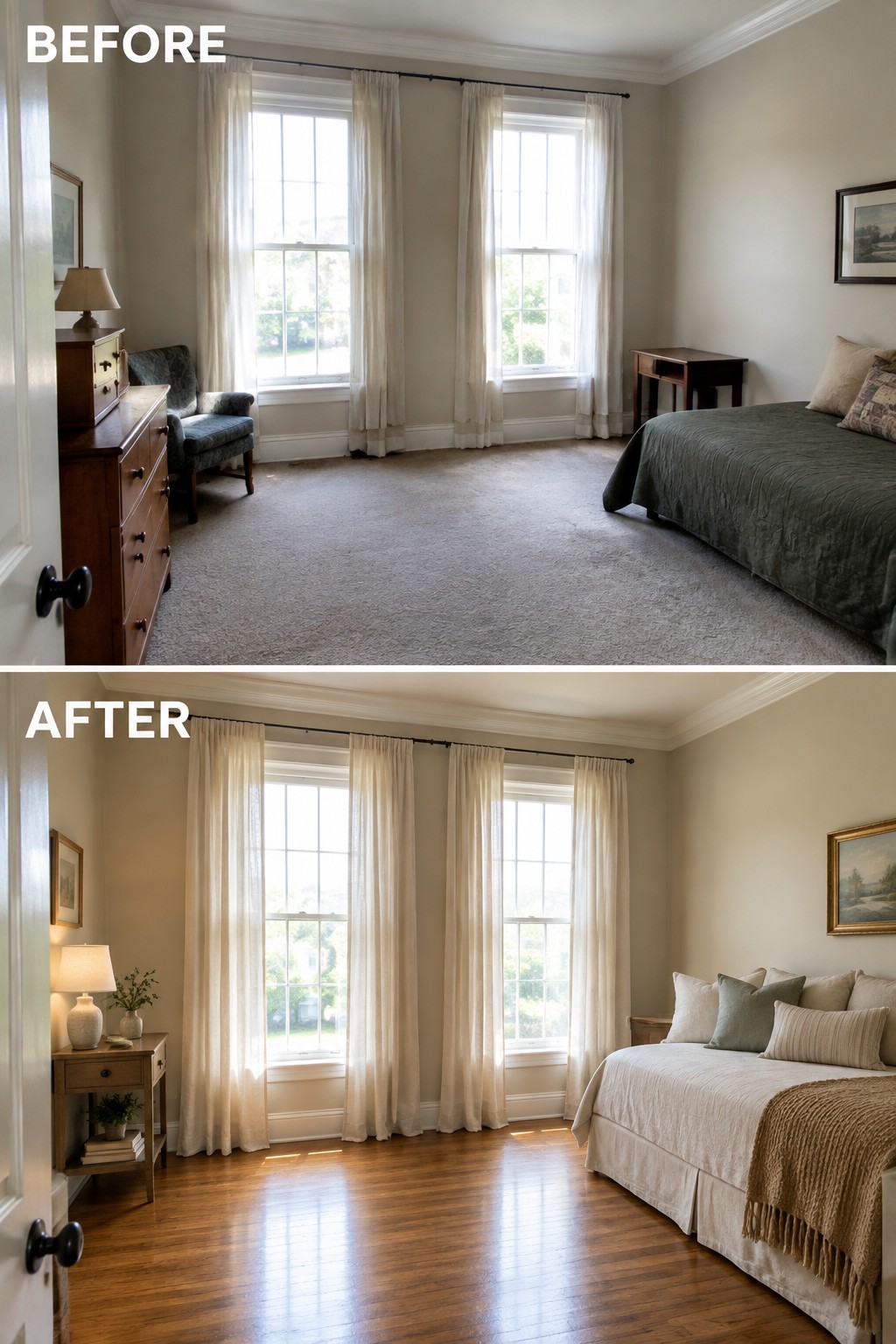 Before-and-after bedroom makeover image showing carpet replaced with hardwood flooring and dark bedding changed to light bedding.