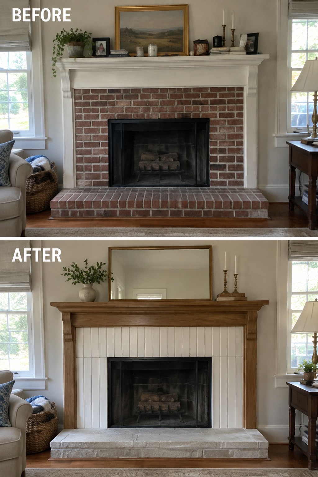 Before-and-after makeover image of a brick fireplace updated with a white paneled surround, wood mantel, and pale stone hearth.
