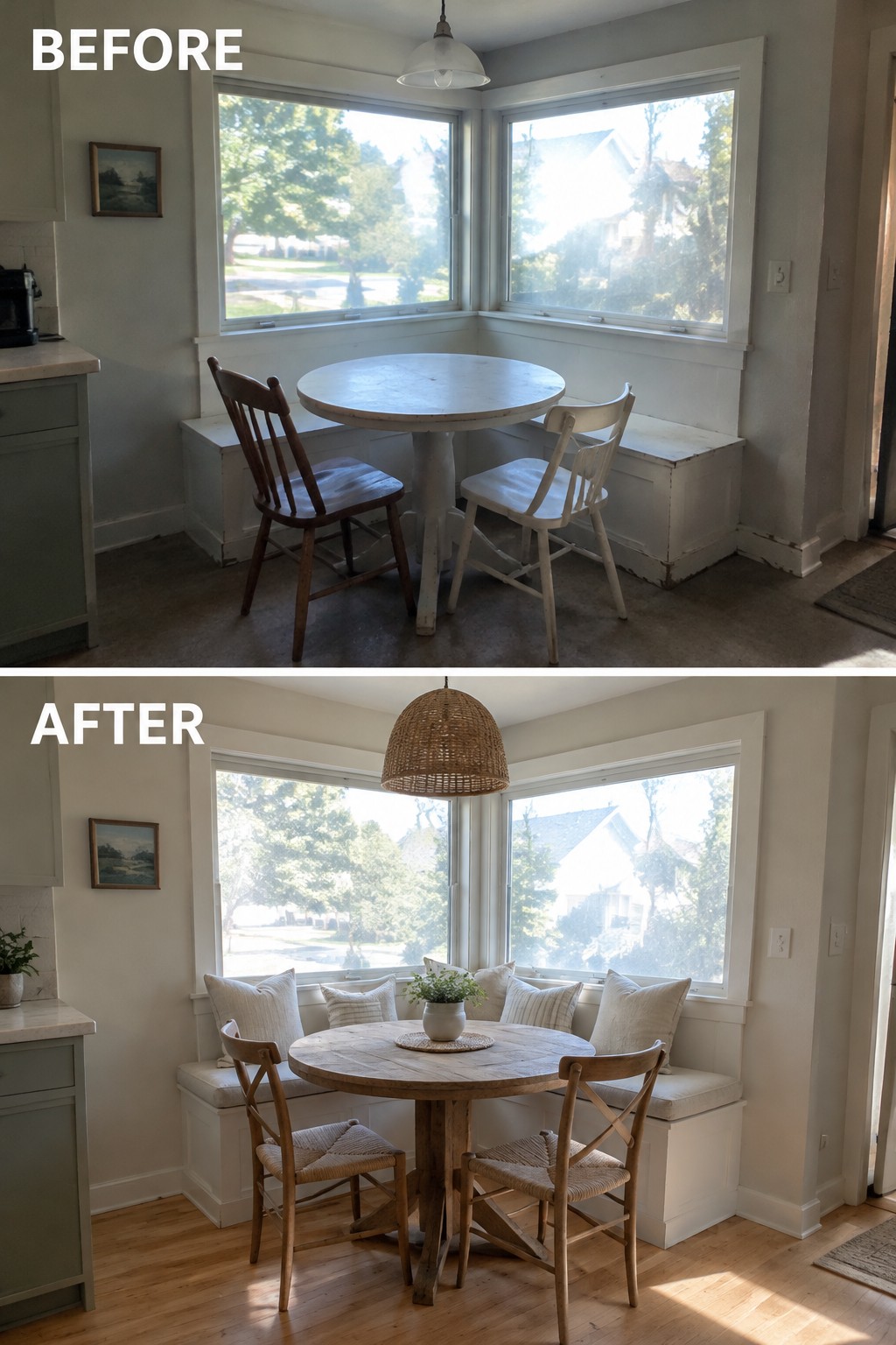 Before-and-after makeover image of a kitchen breakfast nook updated with a round wood table, coordinated chairs, cushioned built-in bench, and woven pendant light.