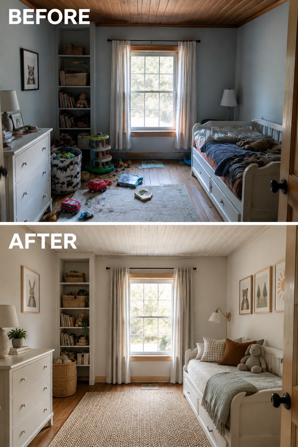 Before-and-after image of a cluttered child’s bedroom changed into a tidy room with a woven rug, organized shelves, and a neatly made bed.