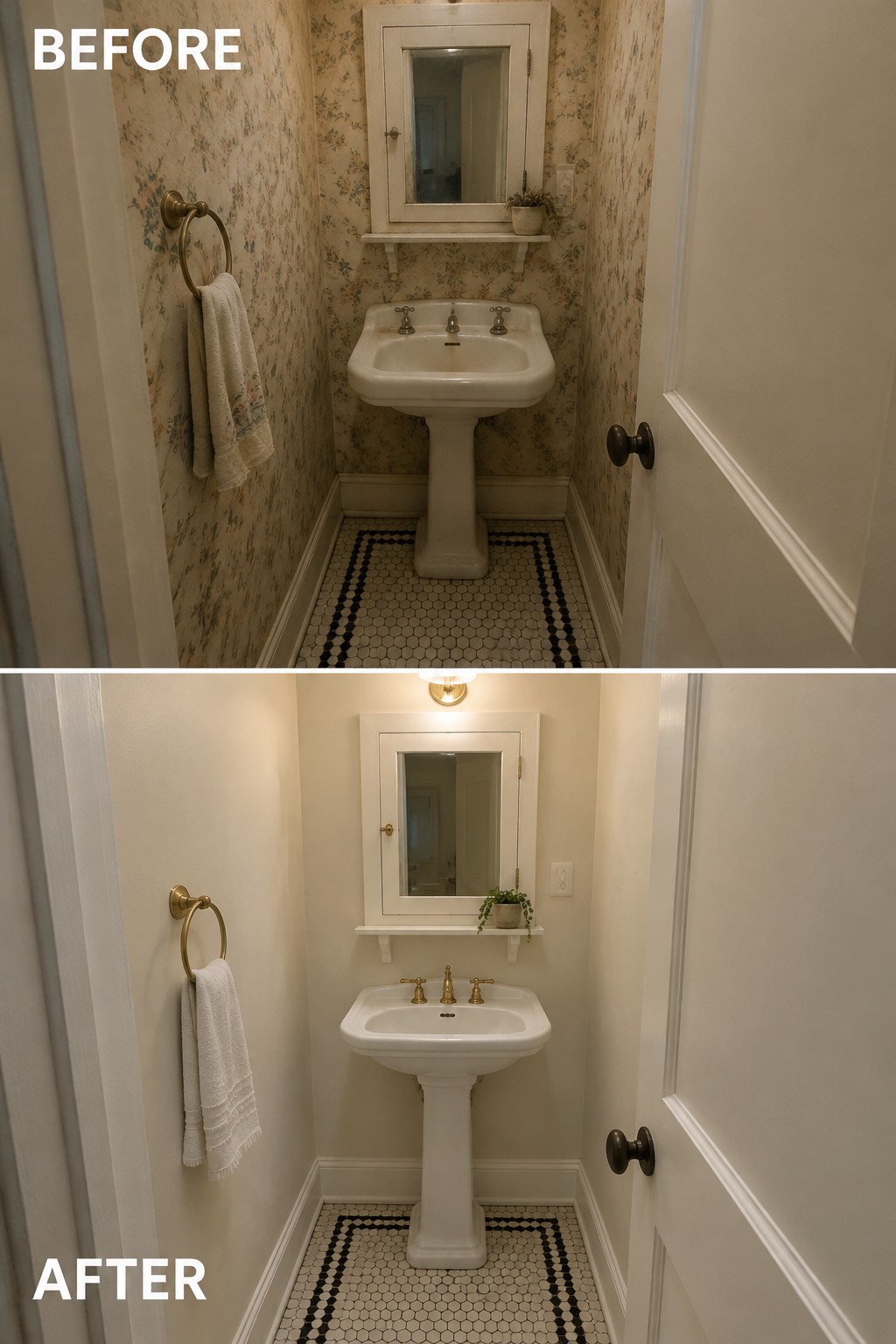 Before-and-after image of a small bathroom with floral wallpaper changed to light neutral walls while the pedestal sink and patterned tile remain.