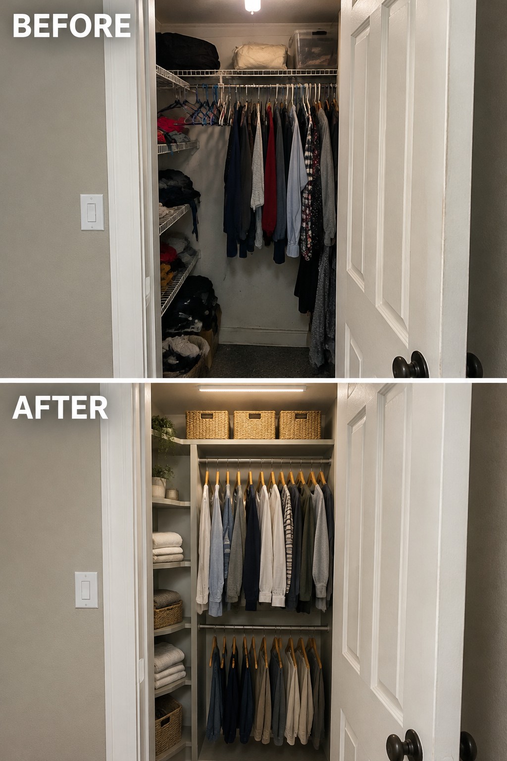 Before-and-after makeover image of a cluttered closet reorganized with two hanging rods, shelves, and woven storage baskets.