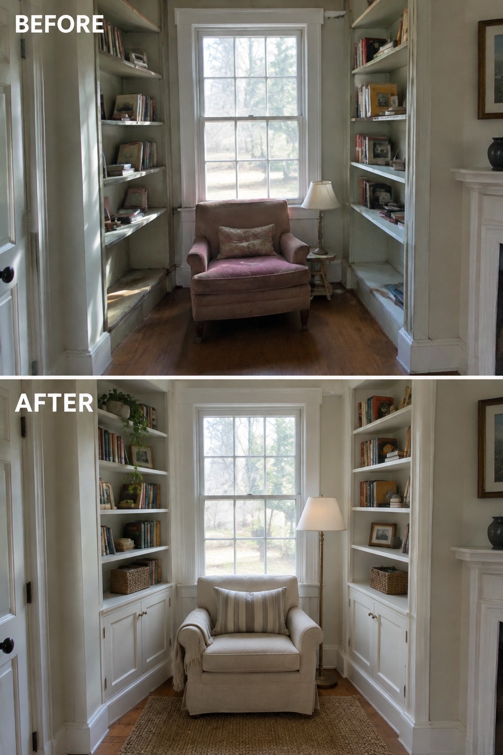 Before-and-after makeover image of a reading nook with built-in bookshelves, updated storage, a rug, and a light upholstered chair.
