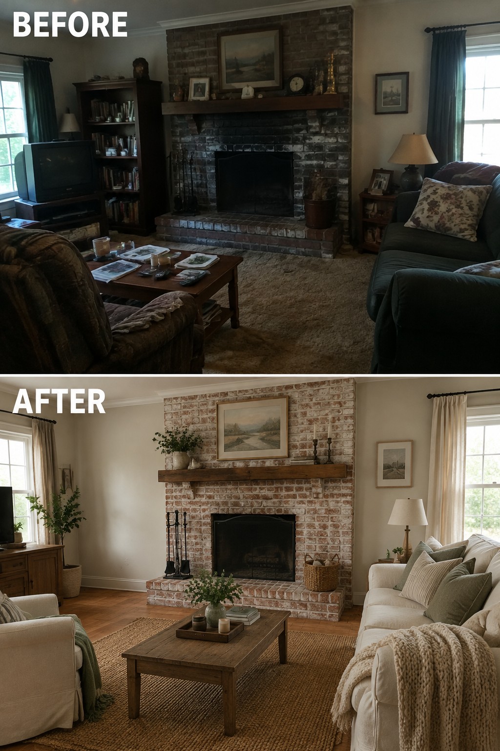 Before-and-after makeover image of a living room with a dark brick fireplace updated with lighter brick and simpler furnishings.