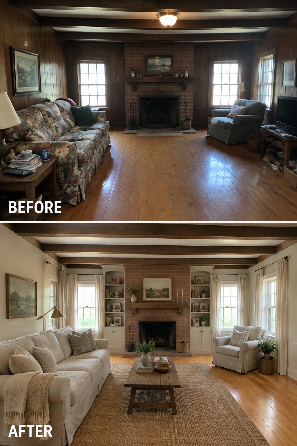 Before-and-after makeover image of a living room with a brick fireplace, updated with built-in shelves, light furnishings, and a rug.