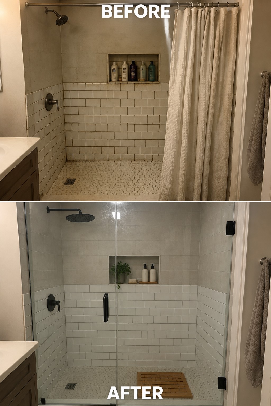 Before-and-after makeover image of a tiled shower changed from a curtained enclosure to a glass shower door.