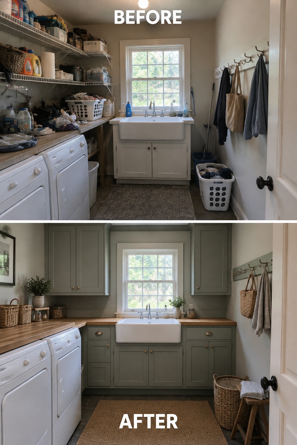 Before-and-after makeover image of a cluttered laundry room updated with green cabinets, drawers, and wood countertops.