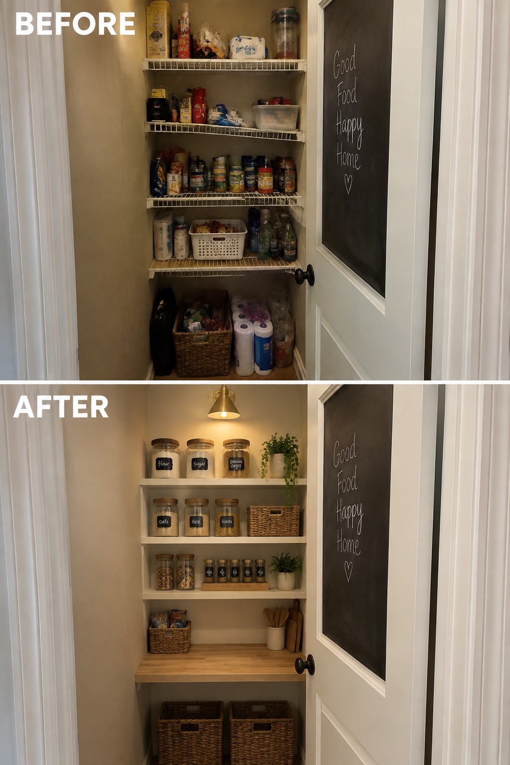 Before-and-after makeover image of a cluttered pantry reorganized with labeled jars, baskets, and wooden shelves.