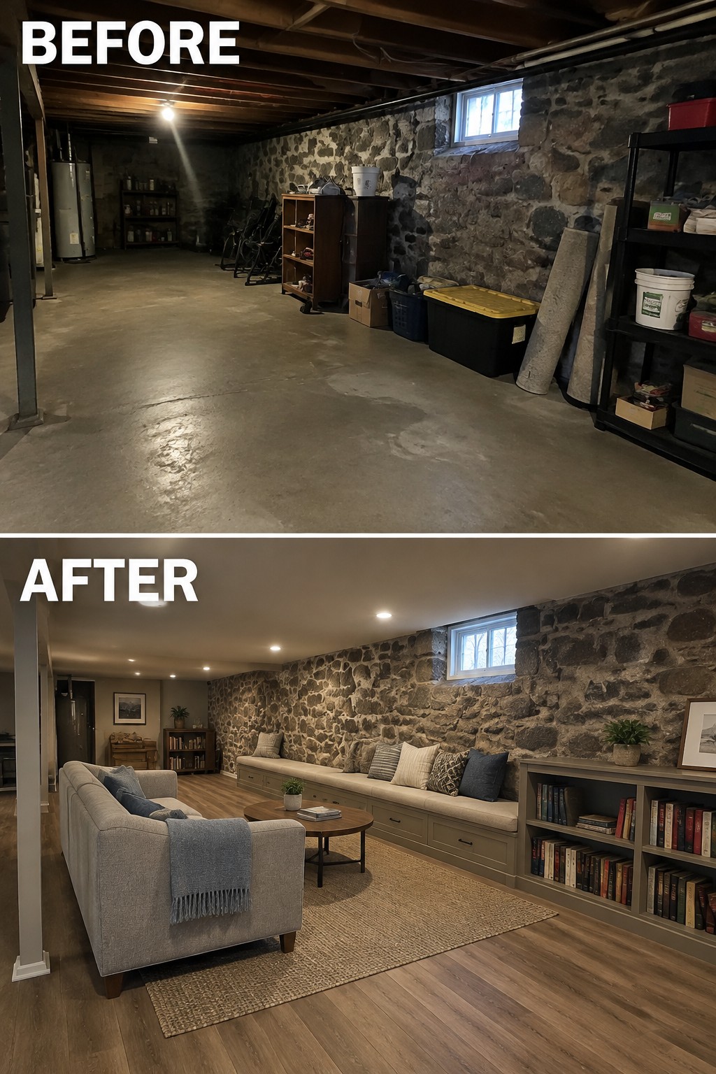 Before-and-after makeover image of an unfinished stone-walled basement converted into a living room with built-in seating, bookshelves, and wood flooring.