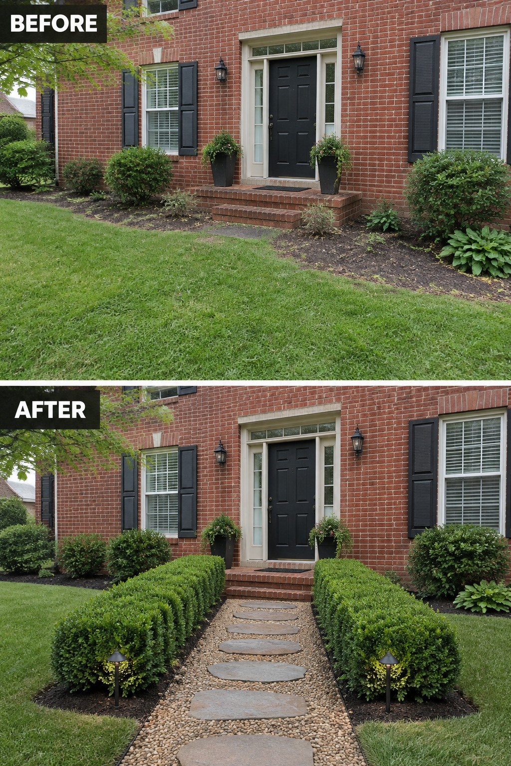 Before-and-after makeover image of a brick home’s front yard, changed from an open lawn and garden beds to a gravel walkway with stepping stones and low hedges leading to the front steps.