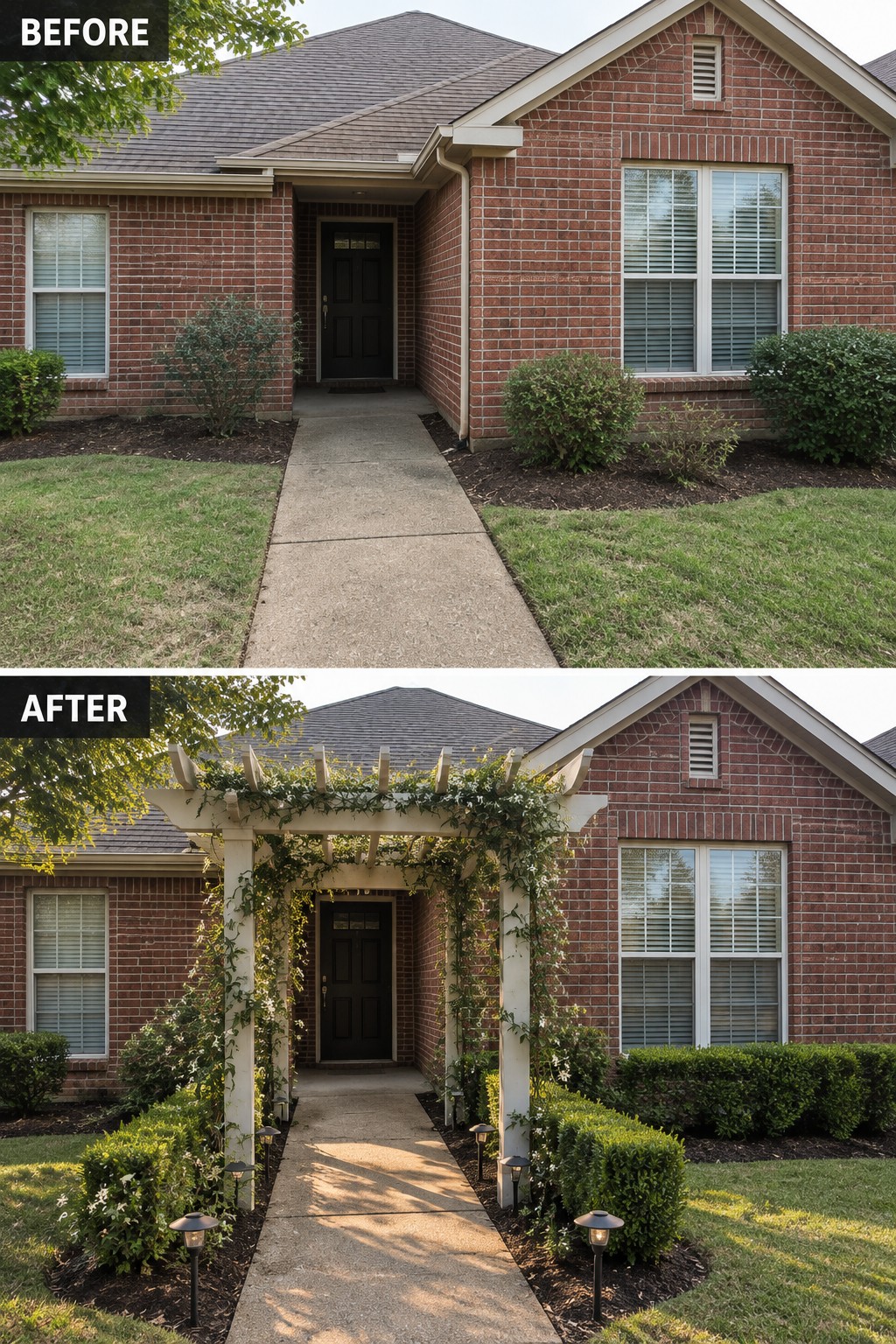 Before-and-after makeover image of a red-brick home with a plain entry walkway updated with a white pergola and climbing greenery.