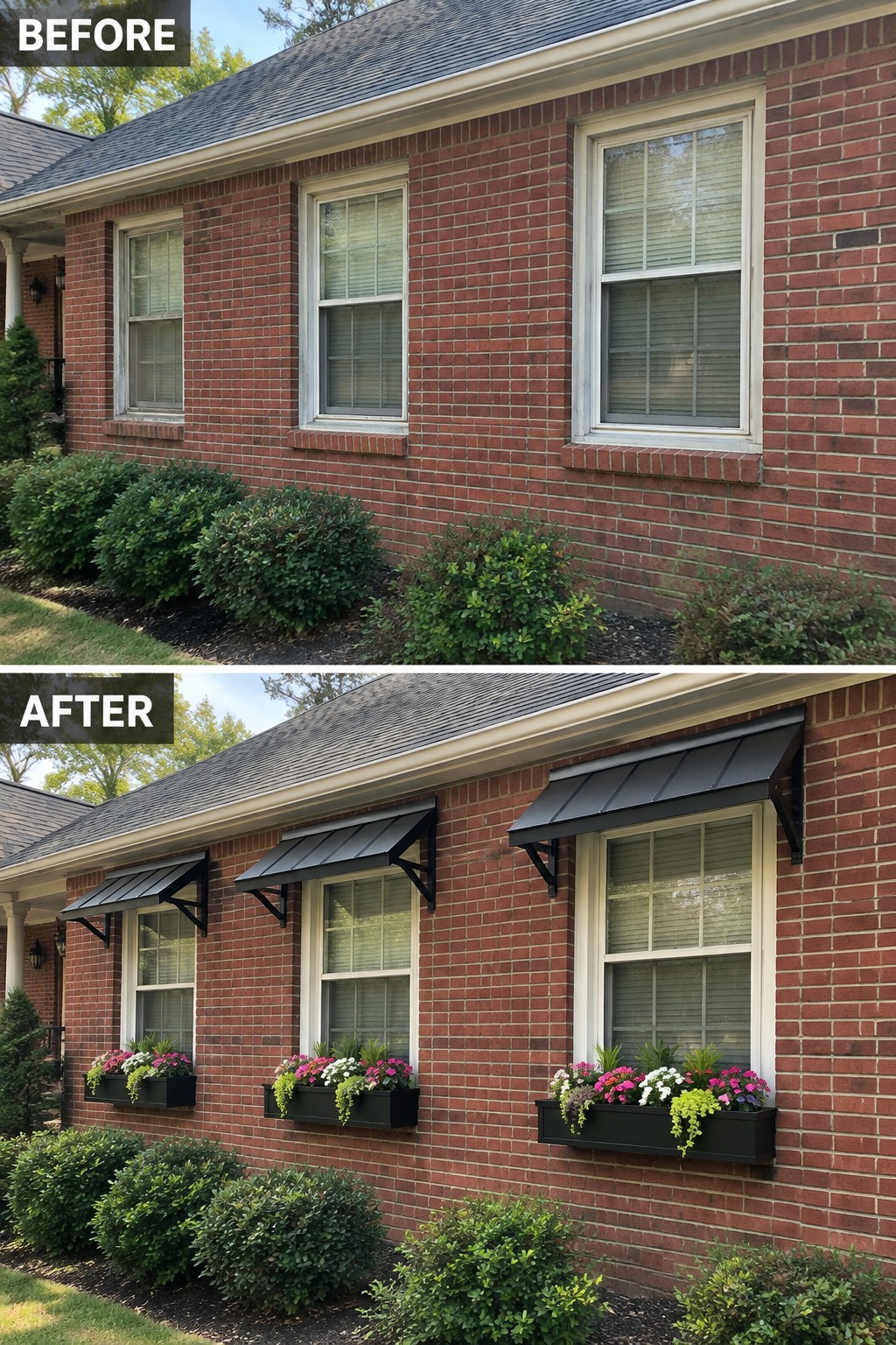 Before-and-after makeover image of a red-brick house with metal window awnings and flower boxes added above and below the windows.