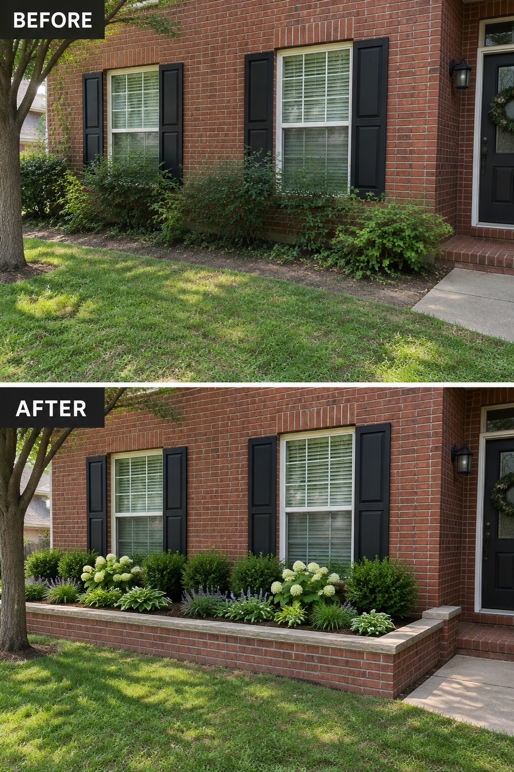Before-and-after makeover image showing an overgrown foundation planting replaced with a raised brick bed filled with shrubs and flowers.