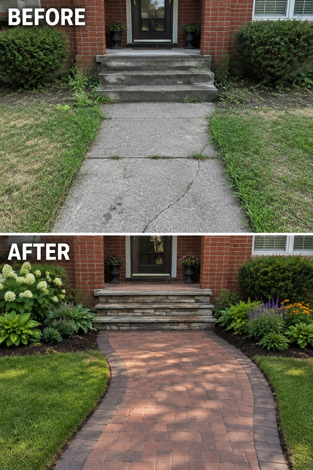 Before-and-after makeover image of a cracked concrete walkway and steps changed to a curved brick path, updated steps, and defined garden beds at a red-brick home.