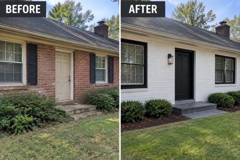 23 Exterior House Remodel Ideas for Red-Brick Facade Updates Before-and-after makeover image of a red-brick house updated with white-painted brick, black window frames, and a black front door.