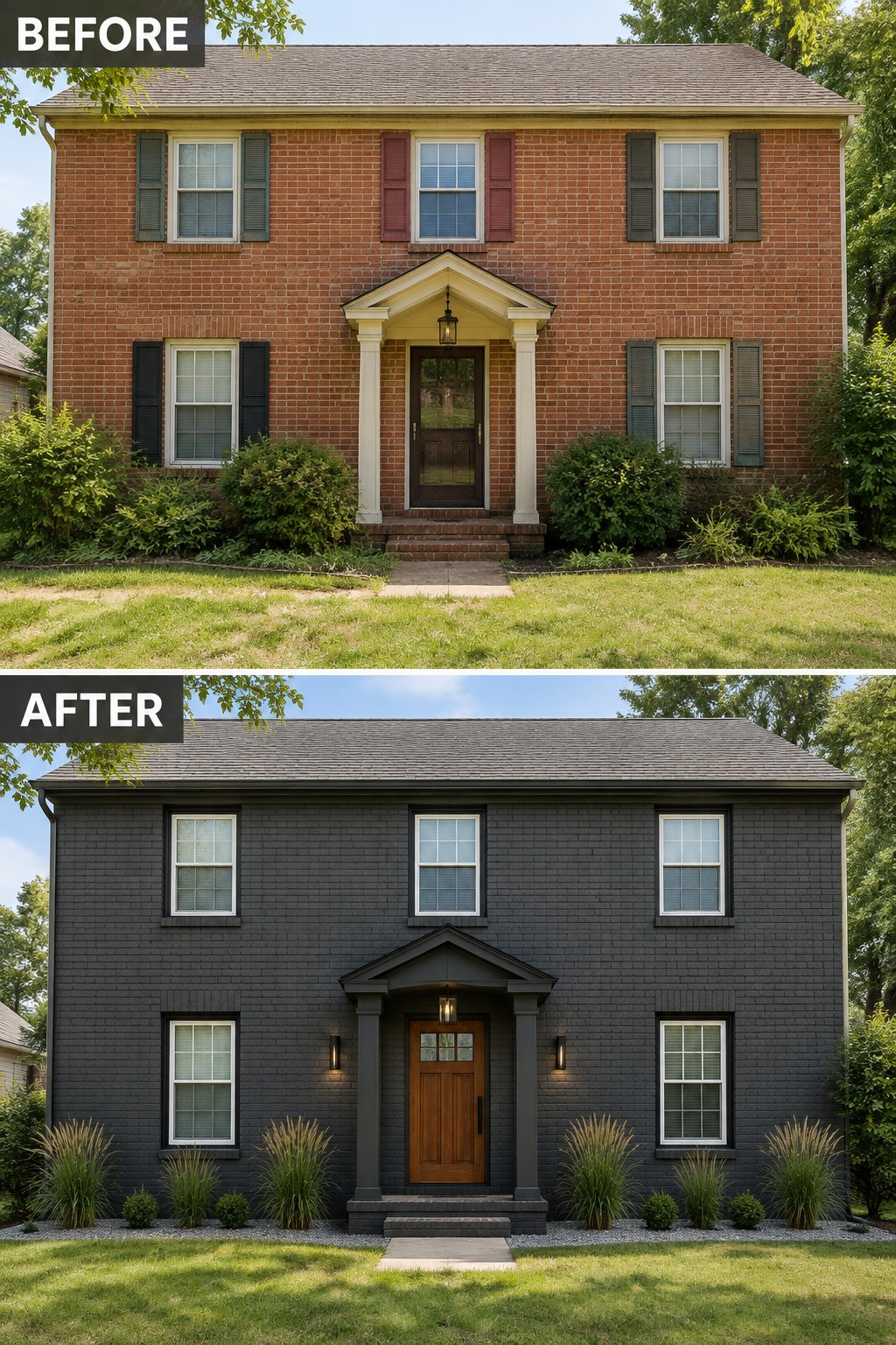 Before-and-after makeover image of a red-brick house updated with charcoal exterior paint, dark trim, and a wood front door.