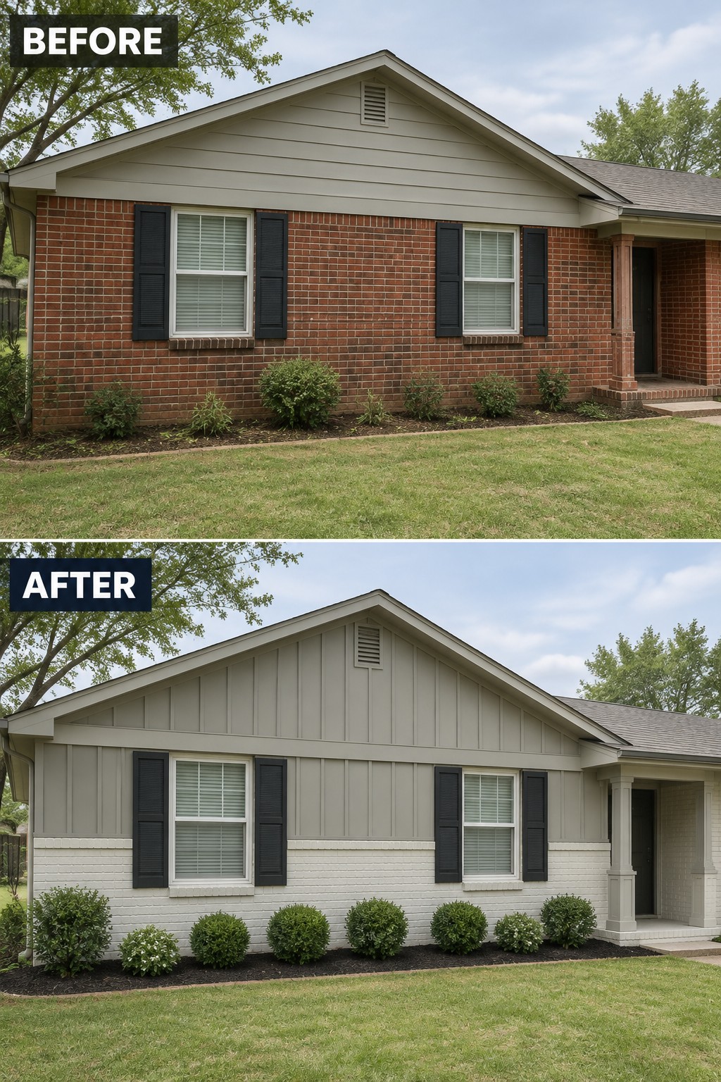 Before-and-after makeover image of a red-brick house updated with light-colored brick paint and vertical siding on the front gable.