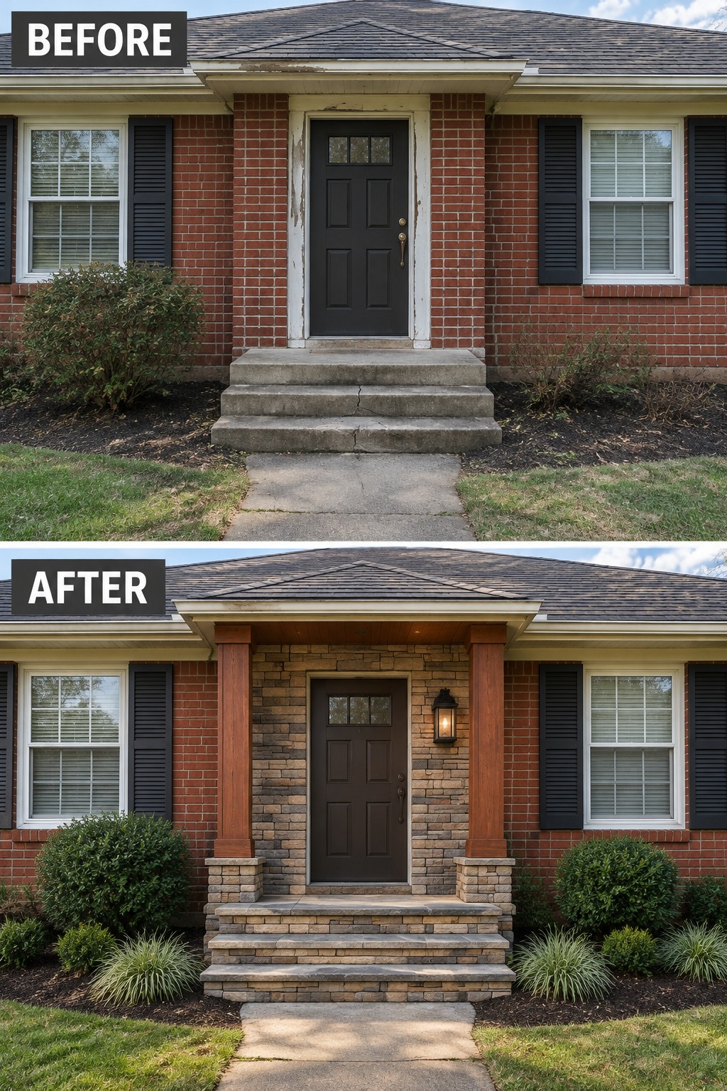 Before-and-after makeover image of a red-brick home entry updated with a stone doorway surround, wood posts, a lantern, and new steps.