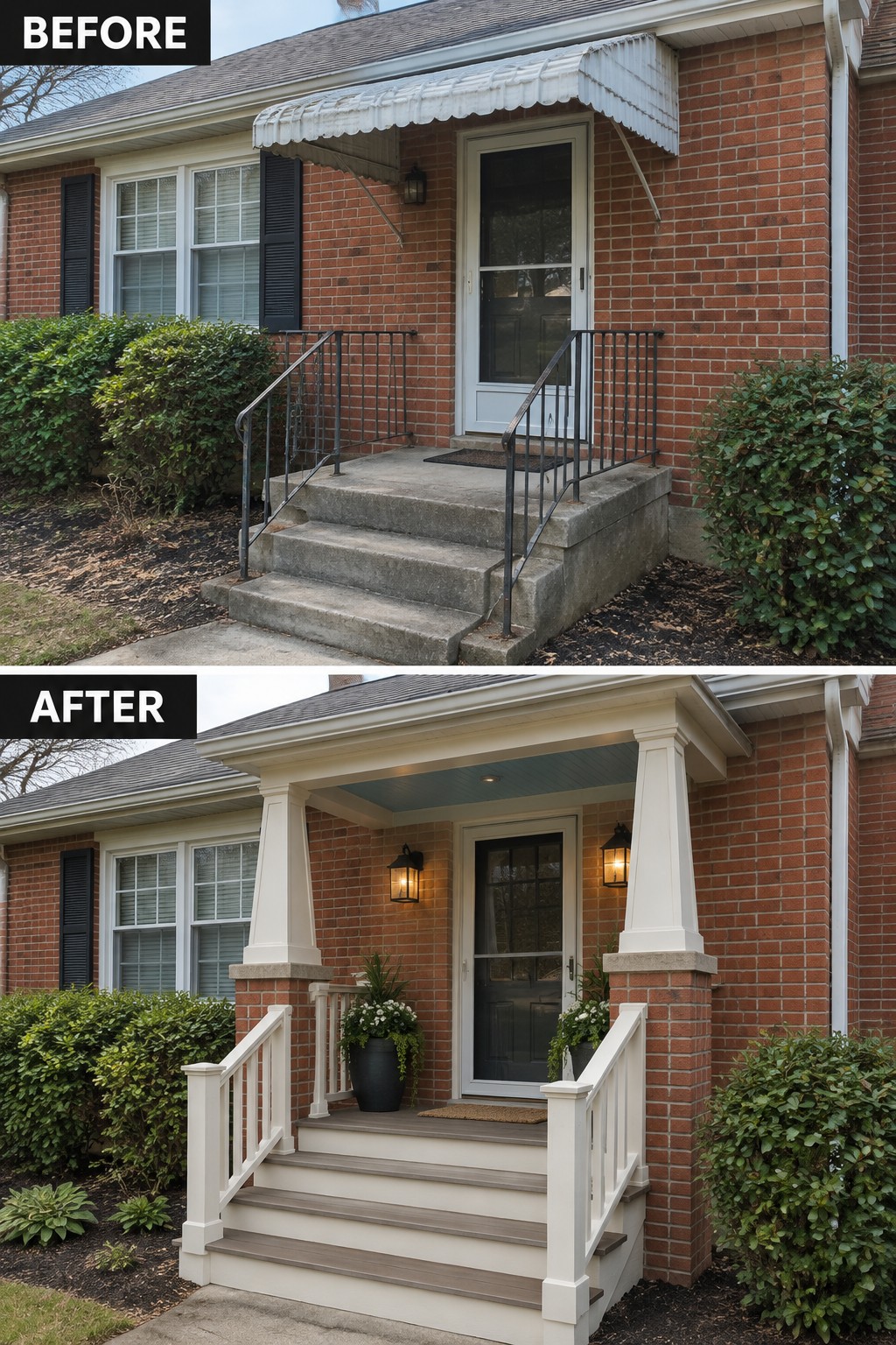 Before-and-after makeover image of a brick home’s front entry, changed from a small awning and concrete steps to a covered porch with columns and white railings.