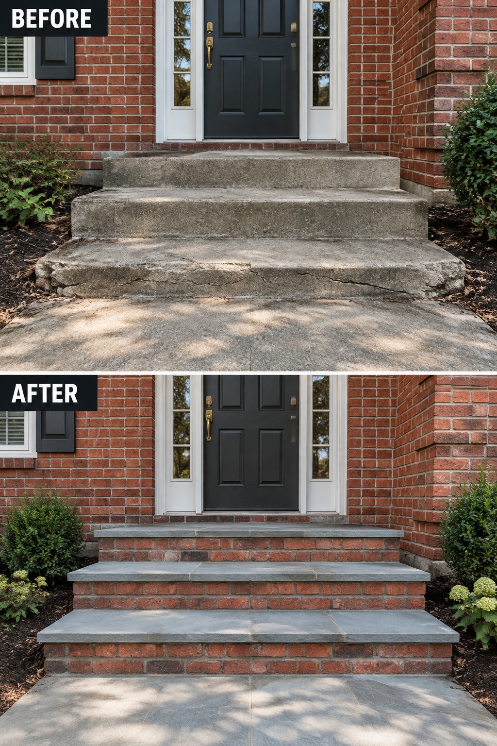 Before-and-after image of cracked concrete front steps rebuilt with brick risers and stone treads.