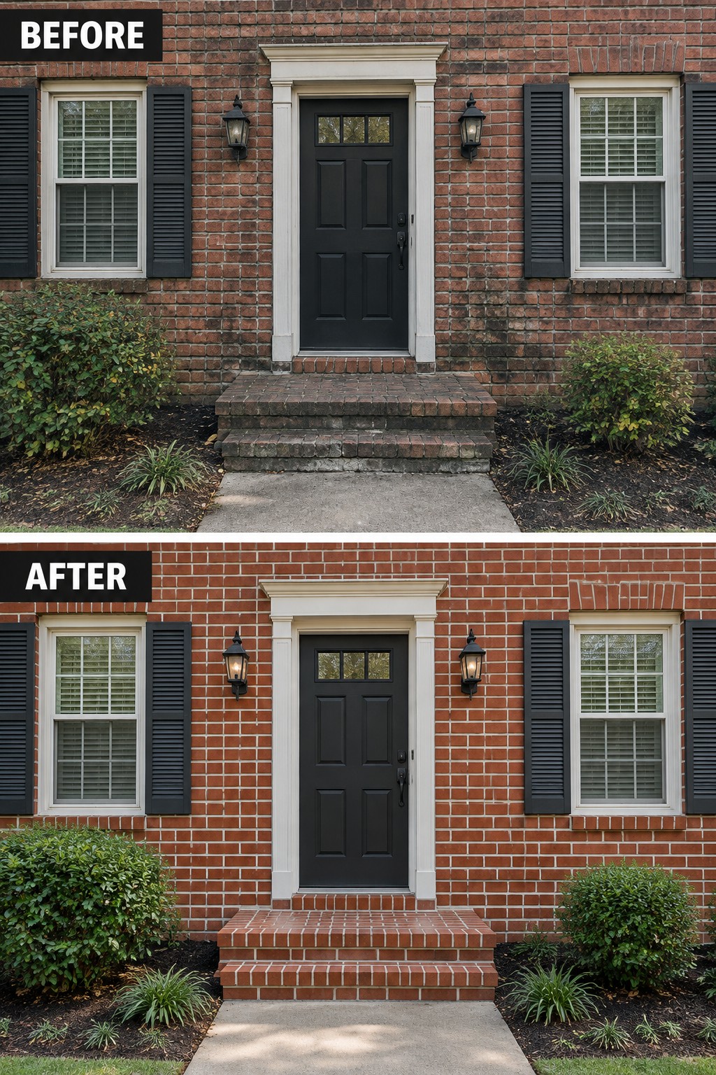 Before-and-after makeover image of a red-brick house with worn front steps replaced by clean brick steps.